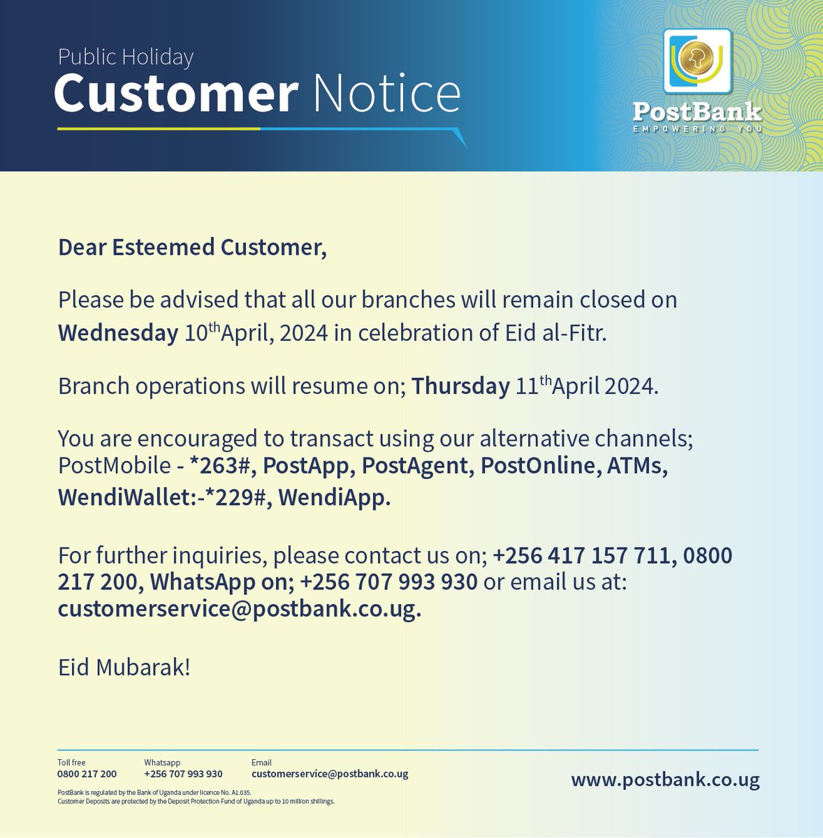 NOTICE! Dear Esteemed Customers, In honour of Eid al-Fitr, all our branches will remain closed tomorrow. We will be back to serve you on Thursday, 11th April 2024. For urgent needs, dial 0800-217-200. Till then, we wish you a blessed Eid Mubarak! #EidAlFitr #BankClosure…