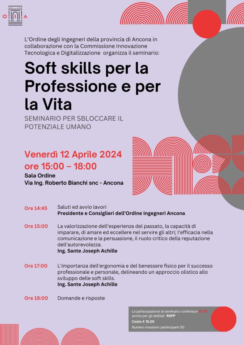 Seminario Sulle Soft Skills per Professionisti

Soft Skills ma sono quegli aspetti della professione e della vita più difficilli da capire, che influenzano il nostro Essere. Condividerò esperienze, errori, riflessioni e considerazioni  per conoscere gli altri. #softskills