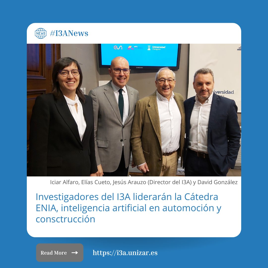 I3Aunizar's tweet photo. 👨🏽‍💻Investigadores del grupo #AMB del #I3AUnizar liderarán la Cátedra ENIA, #inteligenciaartificial en automoción y construcción.

La trayectoria del grupo en campos de la #IA ha sido determinante para lanzar su propuesta.

#I3ANews📰https://t.co/icEKoT0A3w

@EliasCueto @_DGlez https://t.co/m0uBR7fA4P