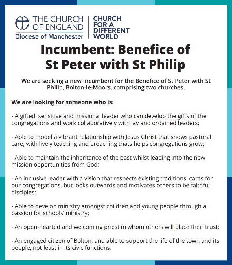 ⭐ Vacancy ⭐ The Benefice of Bolton-le-Moors, St Peter with St Philip is seeking a new Incumbent. Find further details, including how to apply, at the link below⤵ manchester.anglican.org/vacancies/cler…