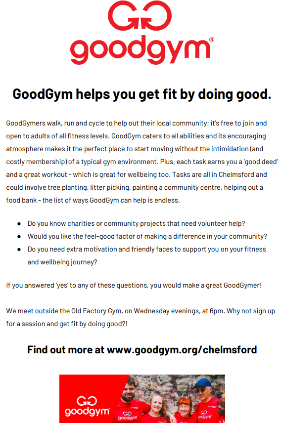 @ggchelmsford is a group of local residents who run, walk, or cycle to help out community projects and older people in Chelmsford. Every session is different and open to all abilities for people aged 18+. Sign up here - goodgym.org/v3/areas/chelm… #ChelmsfordSpringintoAction