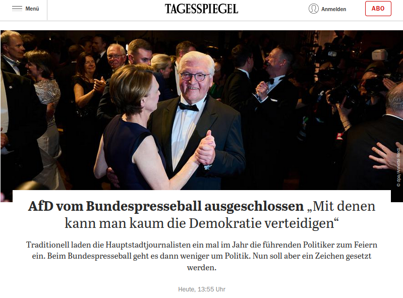 Echte deutsche Volksvertreter haben auf Schampusschlürfgelagen nichts zu suchen. Die freiwerdende Zeit kann man für Bürgerdialoge sinnvoller nutzen.
Es ist gut, wenn #AfD|ler von der bundesrepublikanischen Elite in die Bodenständigkeit gezwungen werden.
#Bundespresseball