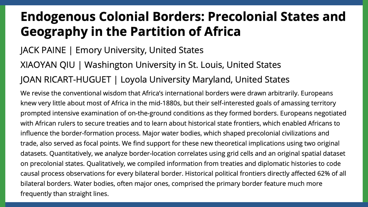 apsrjournal's tweet photo. Revising conventional wisdom, @jackpaine_prof, Xiaoyan Qiu, &amp; @ricarthuguet suggest European negotiations with African rulers enabled Africans to influence border formation.   
#APSRFirstView
https://t.co/YsGp5cLhDU https://t.co/cGvdHhaskd