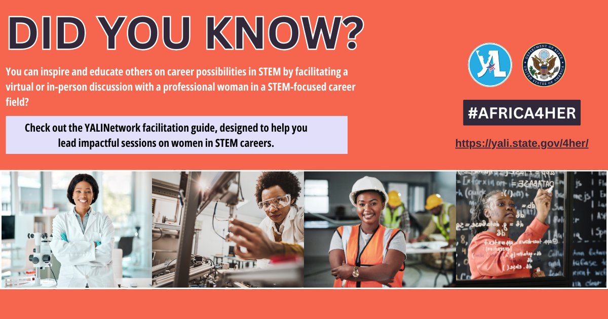 Eager to empower women in your community to embark on STEM careers? Check out the YALINetwork facilitation guide, designed to help you lead impactful sessions on women in STEM careers. Explore the guide now! bit.ly/4aC75i2 #YALINetwork #Africa4Her #STEM #TechGirls