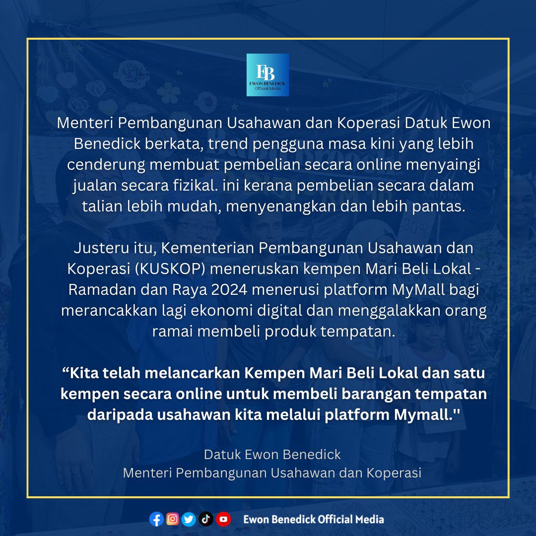 Pengguna turut beli secara online, saingi bazar fizikal - Ewon PUTRAJAYA: Menteri Pembangunan Usahawan dan Koperasi Datuk Ewon Benedick berkata, trend pengguna masa kini yang lebih cenderung membuat pembelian secara online menyaingi jualan secara fizikal. Beliau berkata, ini…