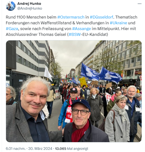 Auf dem Ostermarsch in Düsseldorf, auf dem die BSW-Politiker Hunko und Geisel redeten, sprach auch Michael Aggelidis von der Querdenkerpartei 'dieBasis'. Er verbreitete dort Putins Verschwörungstheorien zum Anschlag in Moskau.🧵(1/x)
#Russland #Ukraine
