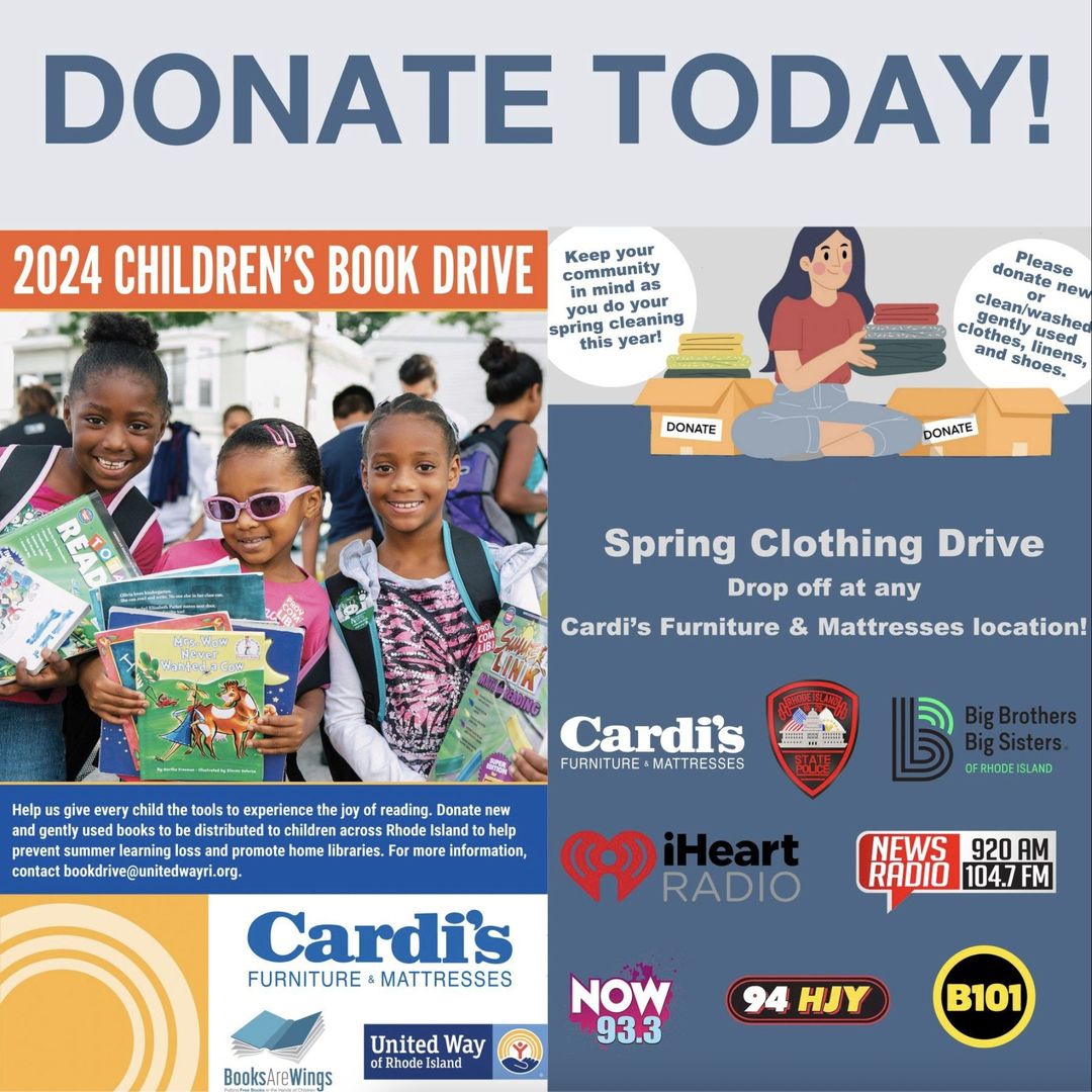 Drop off new/gently used books at any Cardi's location for the Children's Book Drive for the United Way of RI/Books Are Wings AND new/gently used clothing, linens and shoes to support Big Brothers Big Sisters of Rhode Island! For more info visit cardis.com/community-cale…