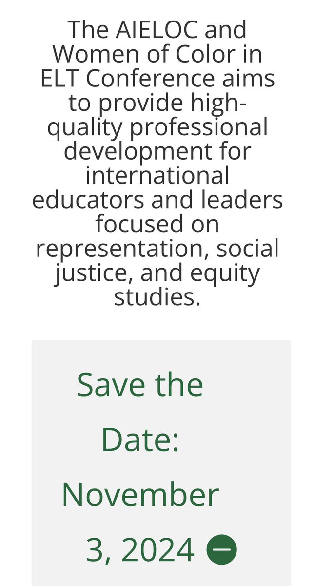 KDSLGlobal and AIELOC (@globalkdsl) on Twitter photo The AIELOC and <a href="/WOCinELT/">Women of Color in ELT</a> 2024 Virtual Conference registration will open soon #WOCinELT #intlELOC The AIELOC and <a href="/WOCinELT/">Women of Color in ELT</a> 2024 Virtual Conference registration will open soon #WOCinELT #intlELOC