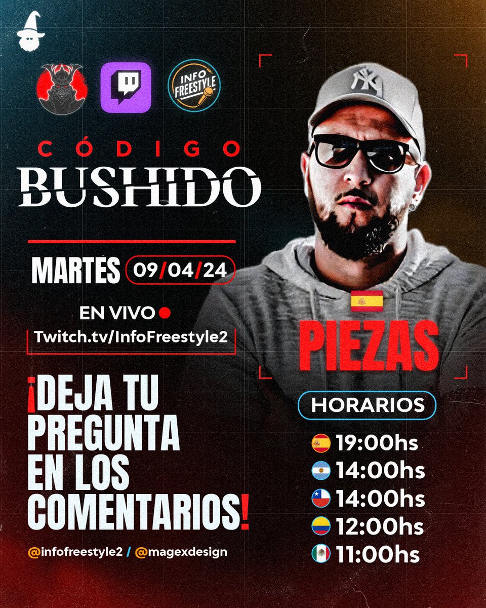 ¡PIEZAS 🇪🇸 en Info Freestyle! 💻 El día de hoy tendremos el honor de recibir en nuestro canal de Twitch 🟣 al fundador de Código Bushido para hablar acerca de esta nueva competencia de batallas escritas en España 🇪🇸. Deja tu pregunta en los comentarios. 🔻