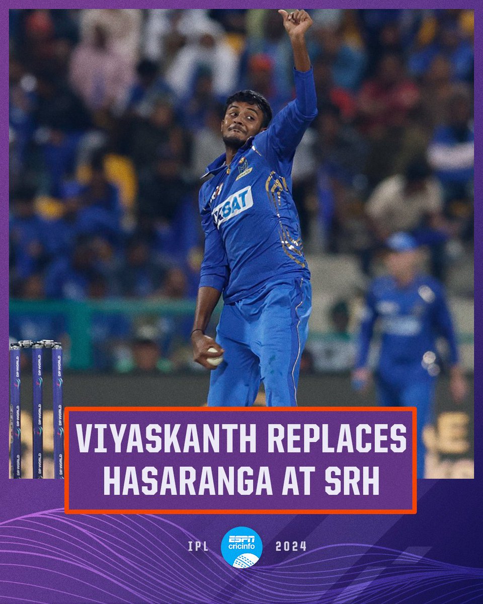 🚨 Sunrisers Hyderabad have announced that Sri Lankan leg-spinner Vijayakanth Viyaskanth will replace the injured Wanindu Hasaranga in their squad for the remainder of #IPL2024