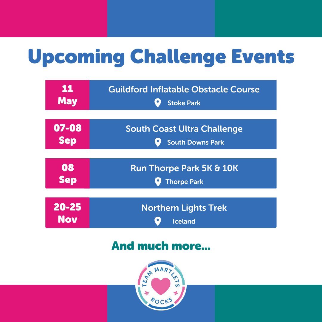 🎽 Challenge yourself, make new memories and sign up to one of our Martlets fundraising events. We've got lots of exciting challenge events in 2024 from #Marathons to #Inflatable5K. Could you take one on and help keep Martlets caring. Take part ⬇️ martlets.org.uk/take-part/