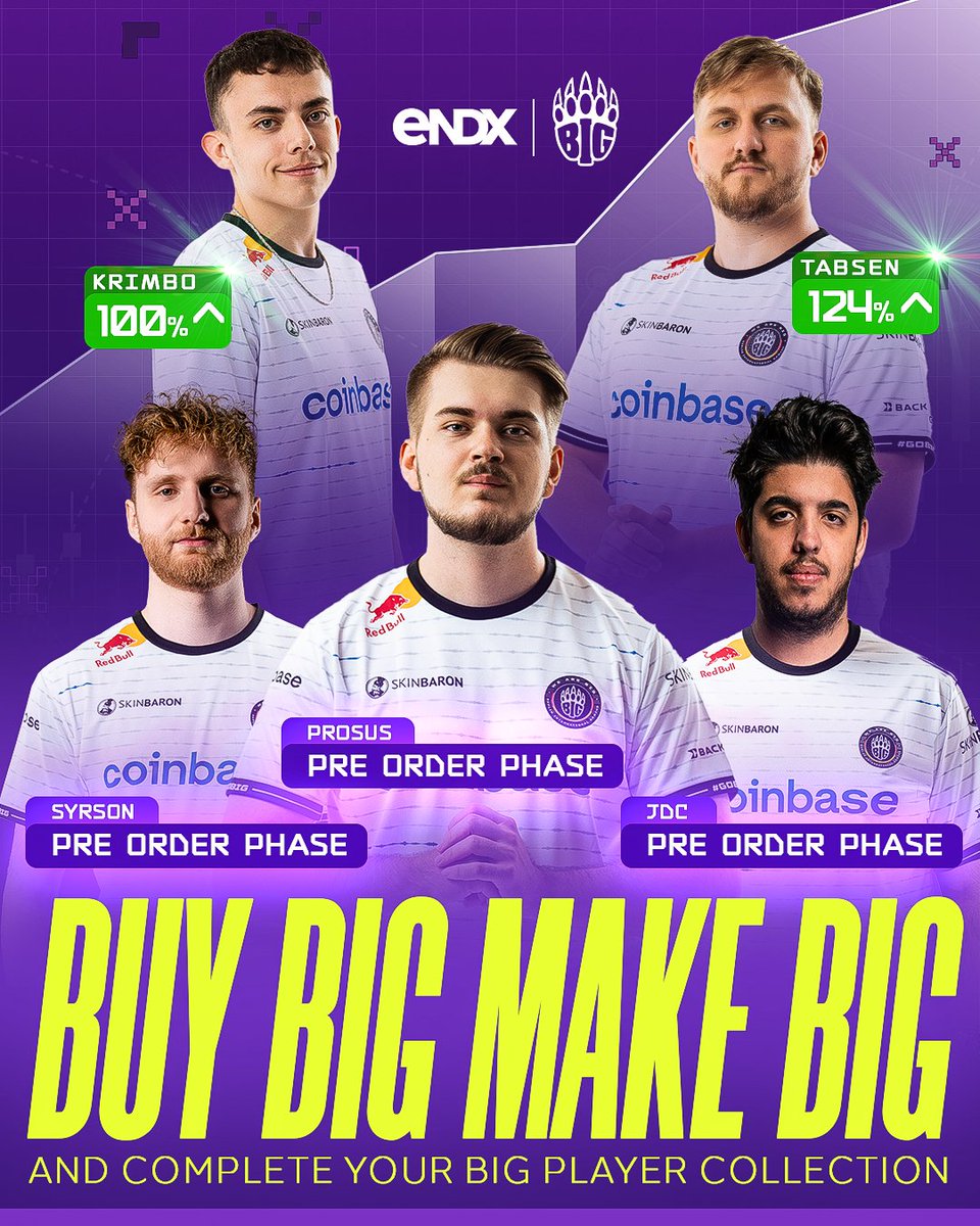 Time to complete your dream team on @endx_gg 🔥 Buy @syrsoNCS2, @JDC_CS and @prosus_CS in pre-order phase quickly to secure the low e$1 entry Price before they go up 💸 Take a look at @tabseNcs and @KrimboCS prize development while you're at it 👀 Join our Clans: