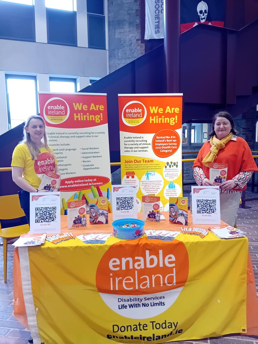 Our Cork Services team are at the @uccglobaljustce Careers Fair today. If you want to know more about working with Enable Ireland come say 'hi'. You'll find them by the staircase with the pirate flag! @CareersUCC @ucc @UCCSU #JobFairy #EnableIrelandCareers #JobsIreland