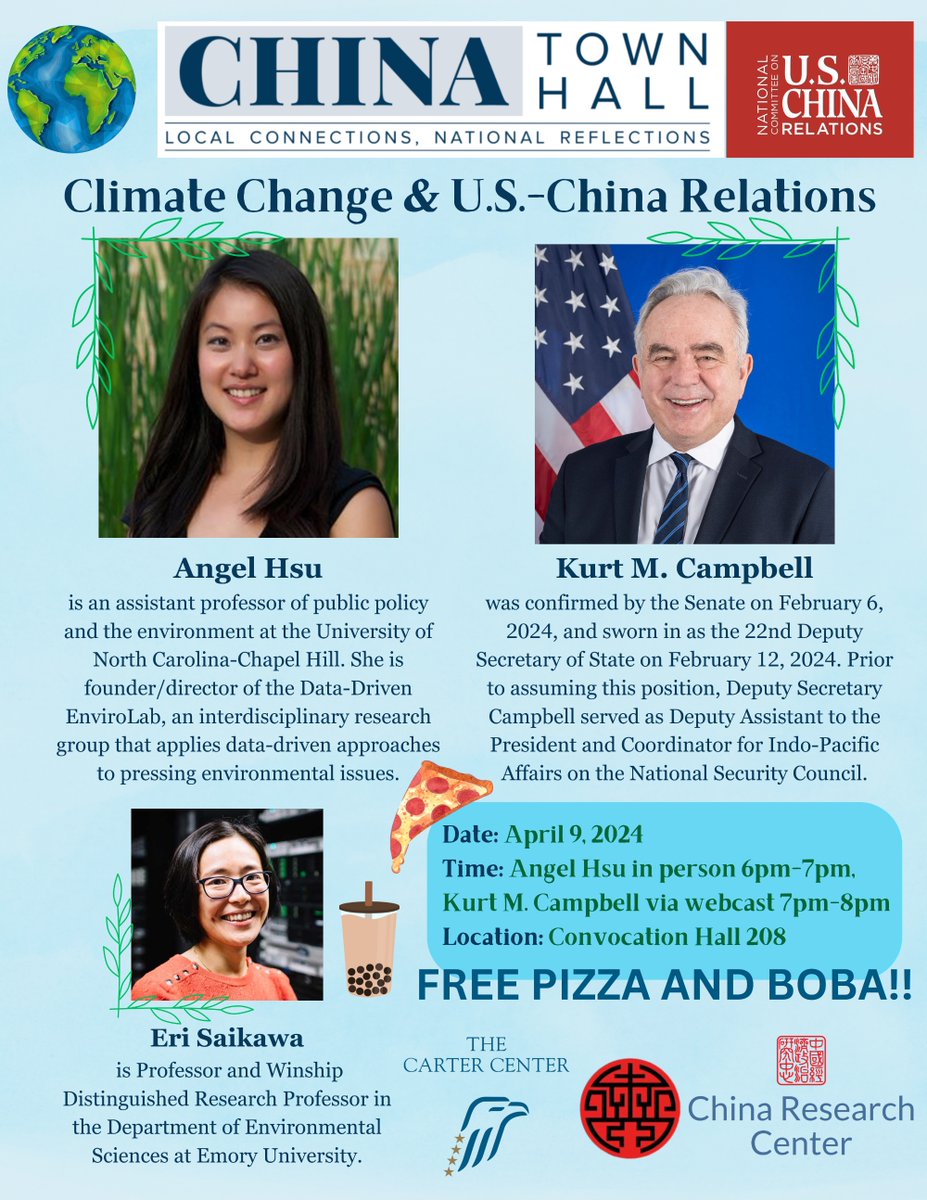 TONIGHT: <a href="/ecoangelhsu/">Angel Hsu</a> will join <a href="/_chinacenter/">ChinaResearchCenter</a> for the Emory x CHINA townhall!

Join for pizza, boba and expert insights about US-China relations from Dr. Hsu, <a href="/DeputySecState/">Christopher Landau</a> &amp; <a href="/esaikawa/">Eri Saikawa 斉川英里</a>.

🕗 6 PM ET
🔗 to RSVP: chinacenter.net/event/emory-x-…

<a href="/NCUSCR/">National Committee on U.S.-China Relations</a> <a href="/CarterCenter/">The Carter Center</a>