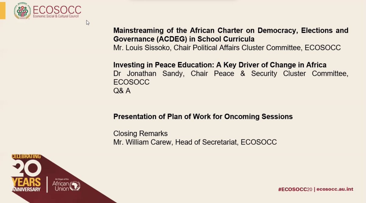 Dr. Jonathan Sandy, Chair of @AU_ECOSOCC's Peace & Security Cluster, sheds light on investing in #peace #education as a catalyst for change in Africa, highlighting the importance of cultivating peaceful societies. 

#PeaceEducation

📍Consultation #1 on the AU #YearOfEducation