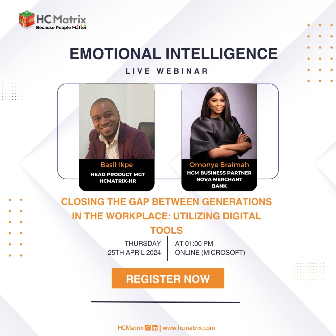 Join us for an insightful webinar on 'Closing The Gap Between Generations In The Workplace: Utilizing Digital Tools' Learn how emotional intelligence and automation can work together to drive success in your organization. To Register: shorturl.at/jUZ02 #HR #webinar #EMI