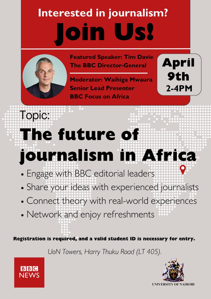 'Missed the start? Don't worry, there's still time to catch the insightful discussion on the future of journalism in Africa at the University of Nairobi, hosted by BBC! 🌍 Hurry over, we're wrapping up soon. #BBC #Journalism #Africa #FutureOfMedia'@uonbi @UNCradioke