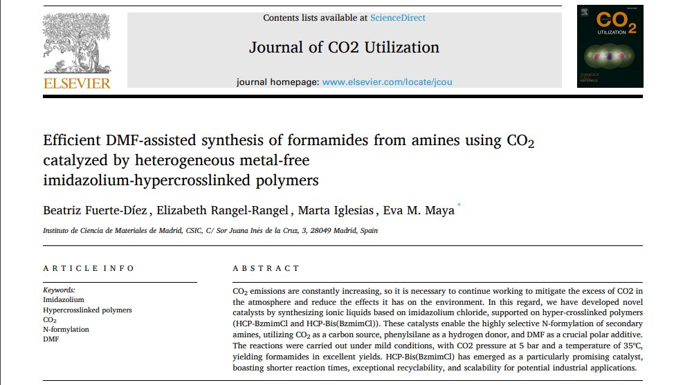 📑A new paper is available on the <a href="/Catco2N/">CATCO2NVERS</a> website!

Title: DMF-assisted synthesis of formamides from amines using CO2 catalyzed by heterogeneous metal-free imidazolium-hypercrosslinked polymers.

Author: <a href="/CSIC/">CSIC</a>

🌐 Read it here:  catco2nvers.eu/wp-content/upl…