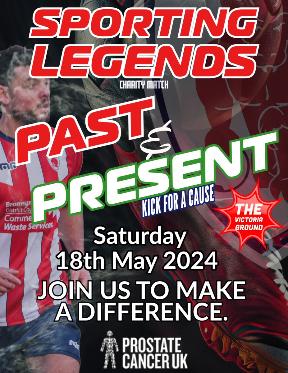 SPORTING LEGENDS GAME: For Prostate Cancer UK We can announce that a Bromsgrove Sporting Legends Charity game will take place on Saturday 18th May. The players will consist of current & ex-Sporting heroes, with all gate receipts going to @ProstateUK ➡️ bromsgrovesporting.co.uk/sporting-legen…