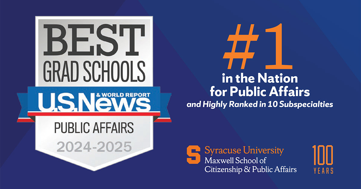 We're 100 years old and still #1! 🎉 The Maxwell School ranked #1 overall in a survey of its peers and is highly ranked in ten subspecialties, according to the 2024-25 U.S. News &amp; World Report Best Public Affairs Schools rankings. #Maxwell100 #EverStrive bit.ly/3vCp5Kq