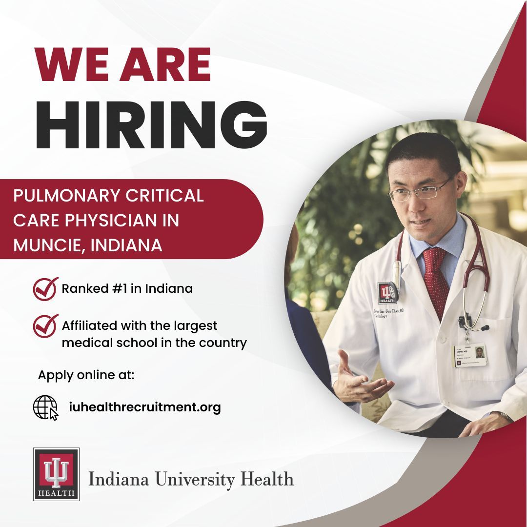 Join our growing team at @IU_Health - we are looking for a #pulmonarycriticalcare physician to practice at IU Health Ball Memorial Hospital in Muncie, IN: buff.ly/4a0ucTo #IUHealthphysicianjobs #pulmonarytwitter