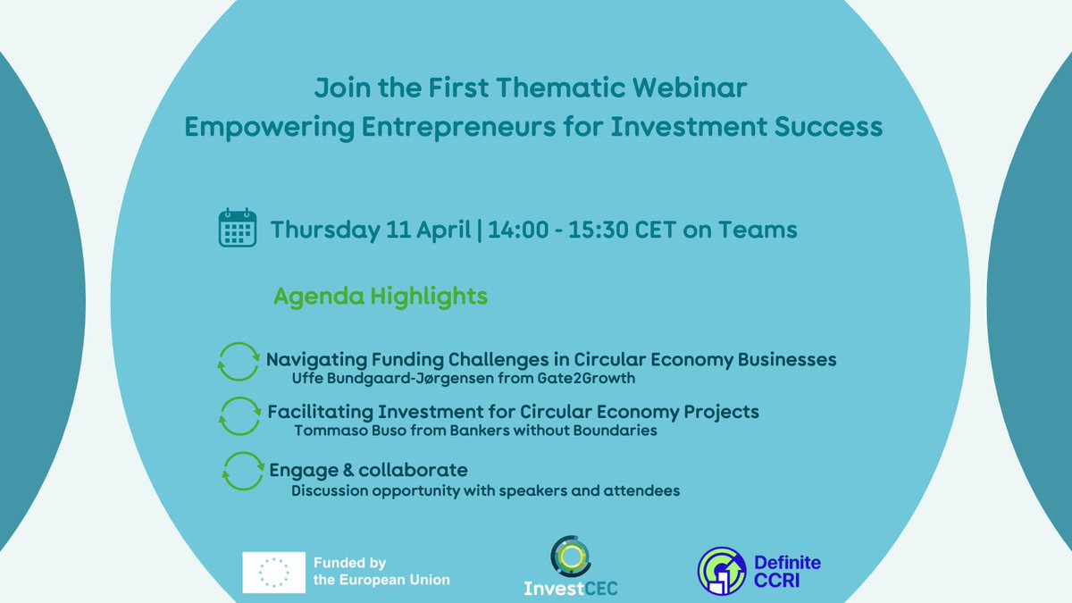 📊Curious about funding challenges and attracting investment for #CircularEconomy in #cities and #regions? This week join the @InvestCEC webinar entitled 'Empowering Entrepreneurs for Investment Success' 📍Thursday 11 April | 2:00 – 3:30 PM ✅Register investcec.eu/join-the-first…