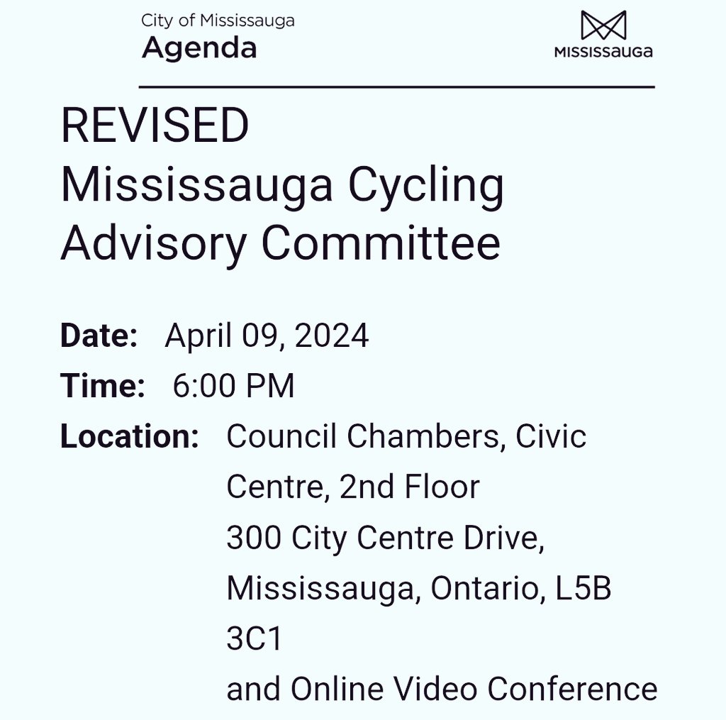 MISSISSAUGA CYCLING ADVISORY CMTE: *TONIGHT* Tues April 9 @ 6:00pm at City Hall. *REVISED* MCAC Agenda + Reports 📄 🔗: pub-mississauga.escribemeetings.com/Meeting.aspx?I…; NOTE: 👉🏼 ITEM 7.2 Cycling Outreach Program 2024 w/ Event Calendar 🗓 #bikeMississauga 🚲 Livestreamed/archived 🔗 in Agenda 🖥👥💬