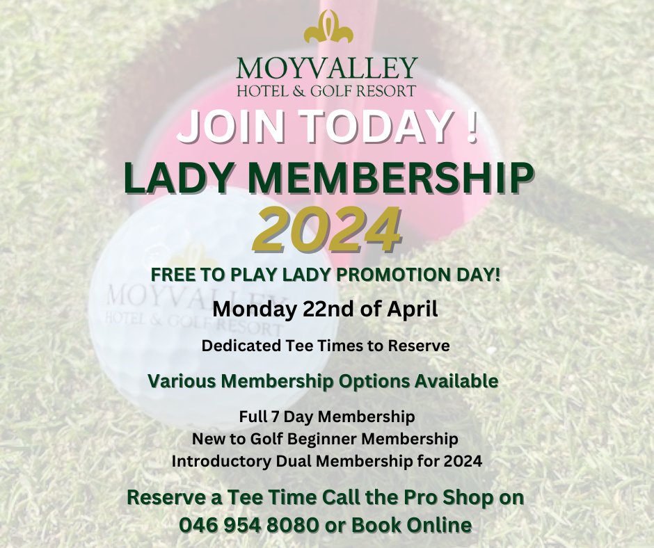 * Attention Lady Golfers * Interested in becoming a member of a club for 2024? Our free to play event is the perfect opportunity to see what Moyvalley GC has to offer! Call today to reserve a tee time or book online by clicking on the link below visitors.brsgolf.com/moyvalleygolf...