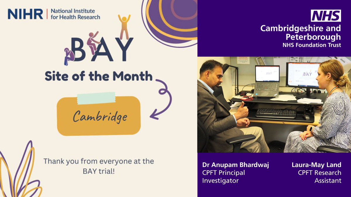 Congratulations to our BAY trial #research team working to make @CPFT_NHS site of the month🌟 by helping children & families take part in the largest ever study testing #MentalHealth treatment for young people! Contact wru@cpft.nhs.uk to join via #CAMHS ➡️ bit.ly/3JRyaDD