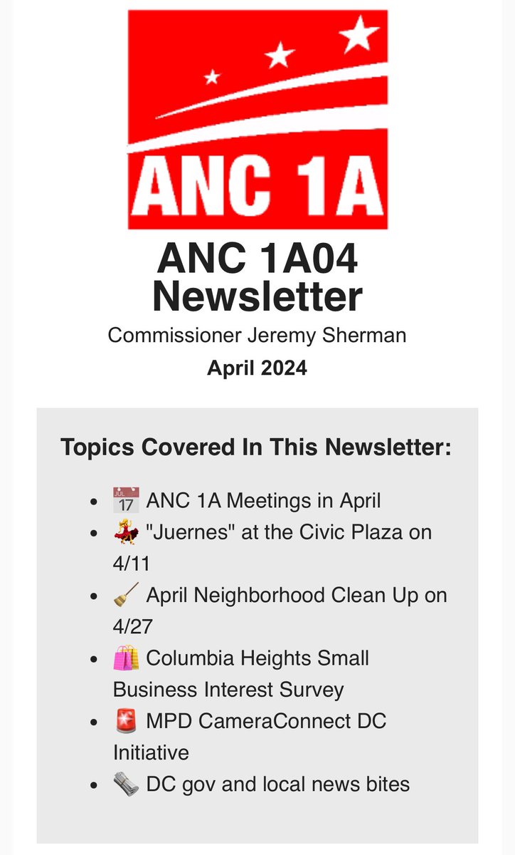 My 1A04 newsletter for April is out: eepurl.com/iNCBxM I mention several upcoming events like @DistrictBridges Juernes on 4/11 & @ANC1A cleanup on 4/27. Be sure to attend @ANC1A general body mtg on 4/10 to hear from @ThroneBathrooms about a pilot in #ColumbiaHeightsDC