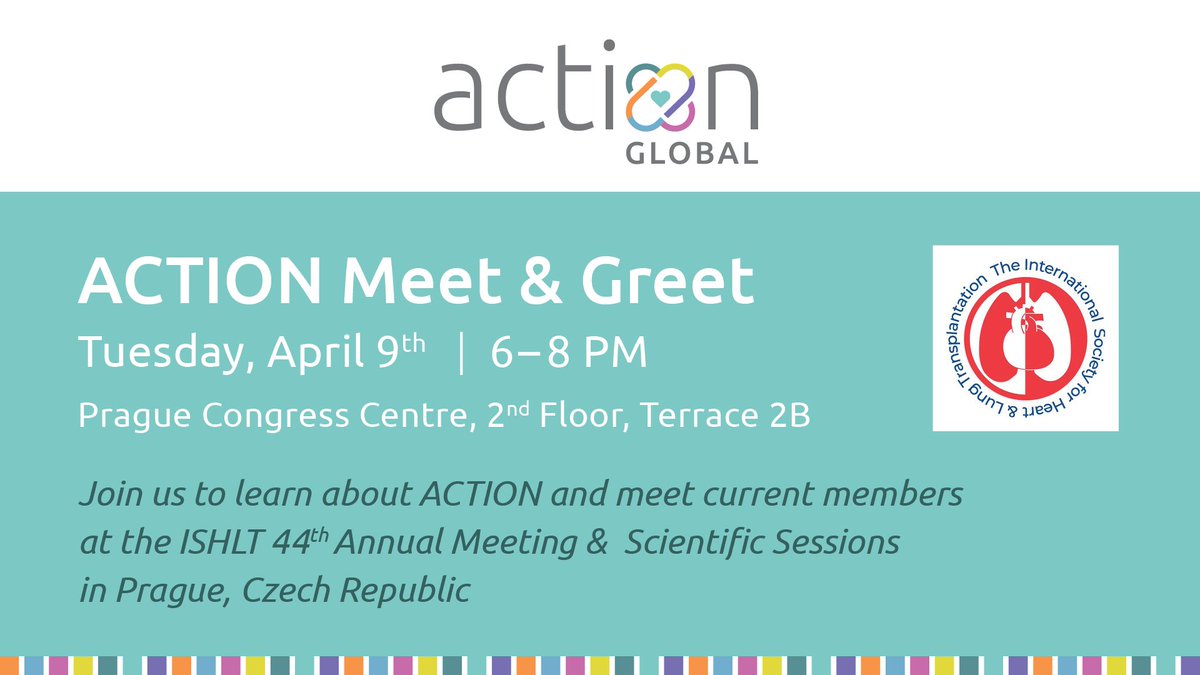 Don't forget to stop by the Prague Congress Centre (2nd Floor, Terrace 2B) tonight from 6-8pm for the ACTION Meet & Greet! There will be light refreshments and good company! @ISHLT