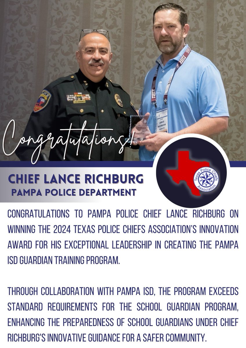 TXPoliceChiefs's tweet image. We are excited to announce Chief Lance Richburg of the Pampa Police Department as the 2024 Innovation Award! His exemplary leadership embodies the values of integrity, compassion, and innovation. Congratulations, Chief Richburg! #TPCA #TexasDifferent