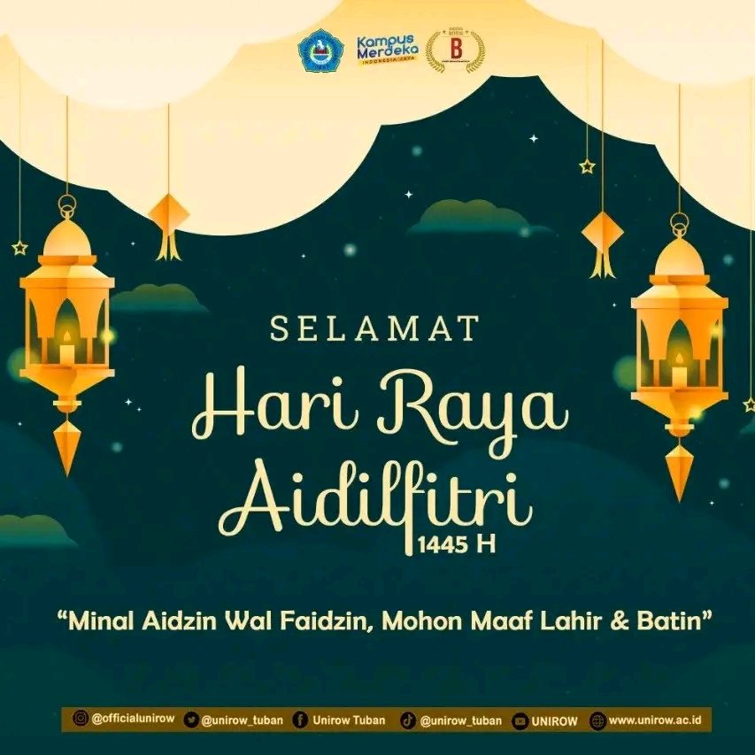 Segenap Civitas Akademika Universitas PGRI Ronggolawe Tuban mengucapkan "Selamat Hari Raya Idul Fitri 1445 H, Minal Aidin Wal Faidzin, Mohon Maaf Lahir &amp; Batin" 🙏