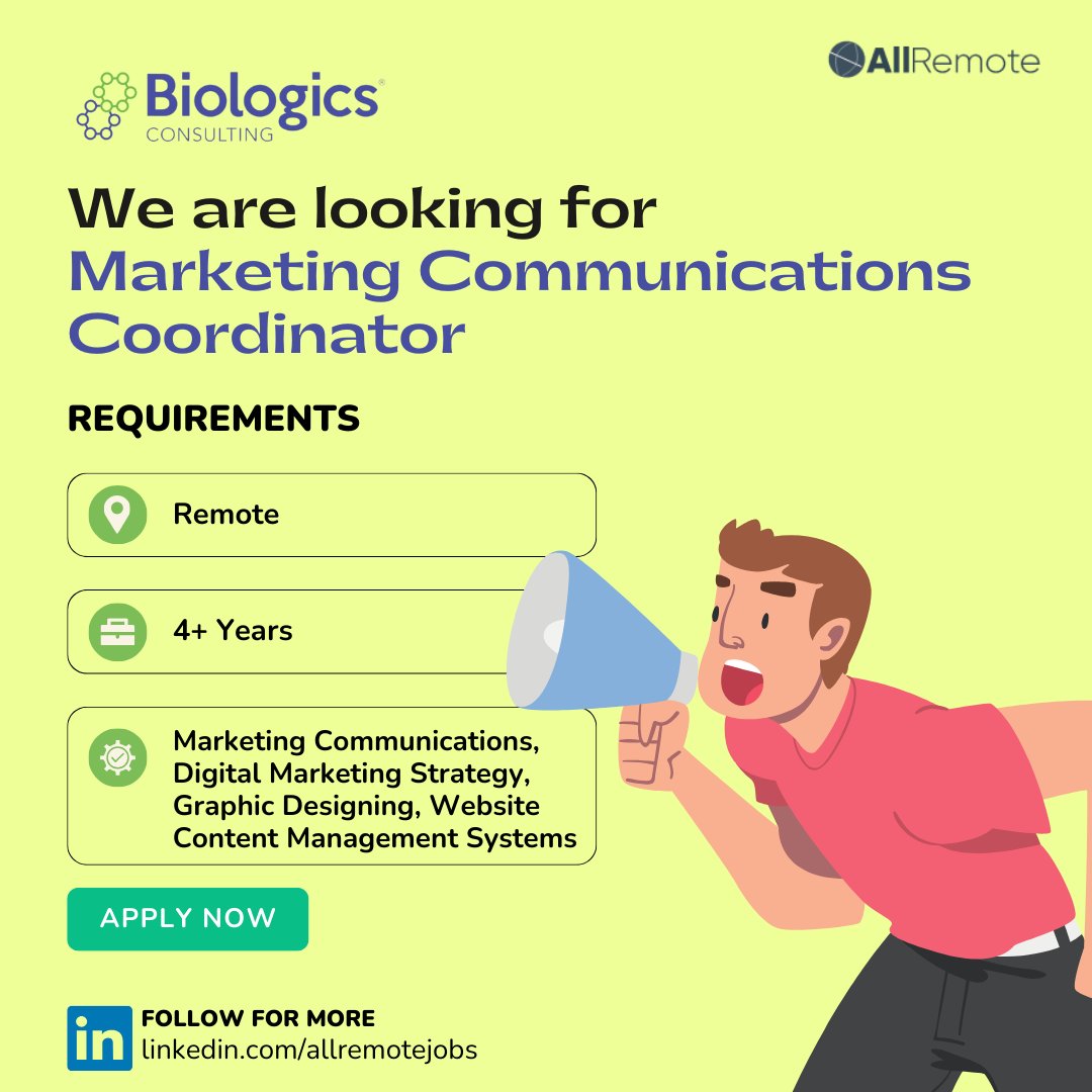 Biologics Consulting is a complete FDA regulatory and product development consulting firm for cell & gene therapy, biologics, pharmaceuticals, and medical devices. They are hiring for a Marketing Communications Coordinator.

Apply now!

👉allremote.jobs/remote-job/bio…

#marketingjobs