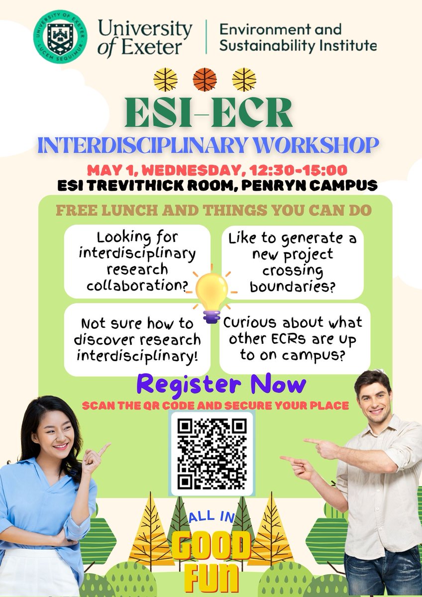 📢 1 May: All @UniExeCornwall Early Career Researchers (ECRs) are invited to participate in an #interdisciplinary workshop organised by the ECRs from the ESI. ⭐️ Free lunch included. Registration by 24 April. 👉 forms.office.com/e/qnF7e579Vh #ECR #EarlyCareerResearcher
