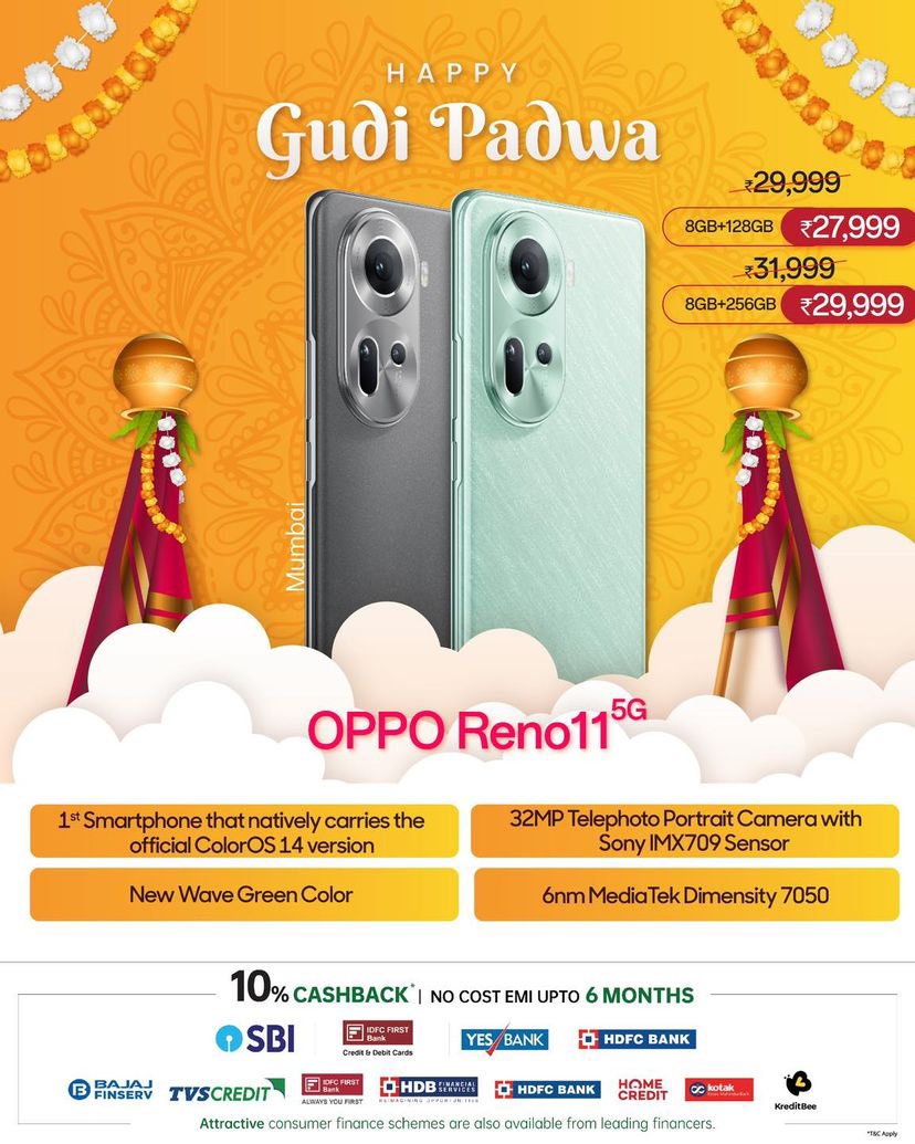 a9mobiles's tweet photo. May this Happy occasion of Gudi Padwa brings lots of Happyiness, Joy, Good Health and Wealth to you and your family!

10% Instant Cashback On Select Cards**

NoCostEMI Available on all Major Finance and Credit Cards**

Zero Downpayment*

Call/Whatsapp - 9967694999 / 9664342178 https://t.co/l383Il4wji