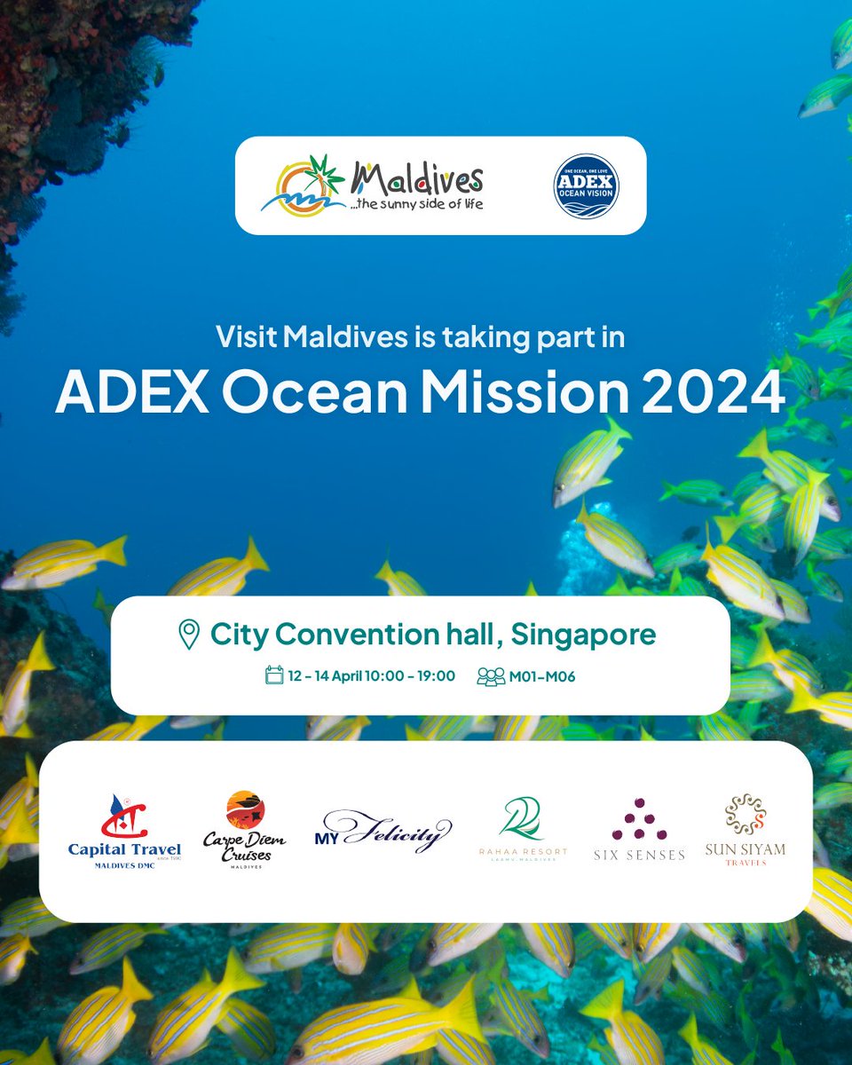 Visit Maldives is showcasing the Sunny Side of Life in ADEX Ocean Mission along with 06 industry partners from the 12th to 14th of April 2024.

#WorldsLeadingDestination2023 #VisitMaldives #SunnySideofLife