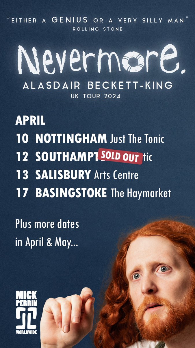 My Nevermore tour comes to Nottingham @Justthetonic tomorrow, then Southampton, Salisbury Arts Centre & Basingstoke Haymarket! Plus many other cities near you (depending on where you live). Tickets here: mickperrin.com/tours/alasdair…