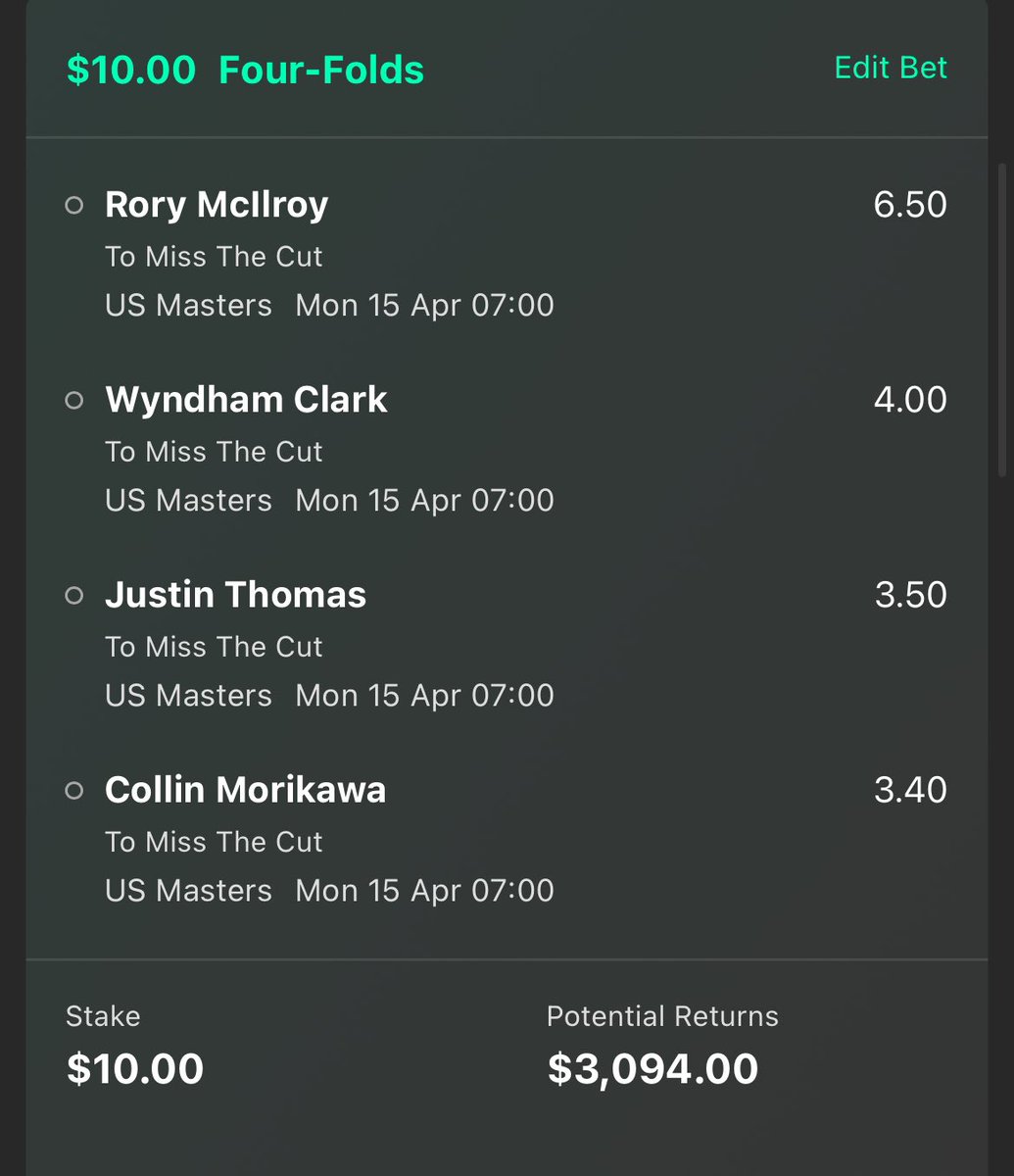 A few extra punts… #themasters  🇺🇸

⛳️ Top Debutant
⛳️ Top 20 Finish Parlay
⛳️ Category Parlay Bet
⛳️ MC Parlay Bet 🪓

4.5 Pts 📈

⬇️

#Masters #MastersWeek #Augusta