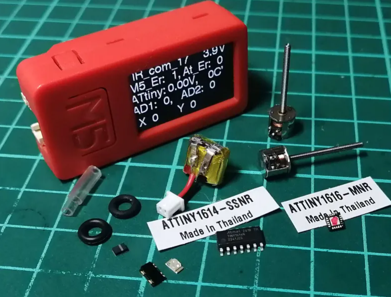 shinichi_nino's tweet image. マイクロロボ主要部品
 マイコン、慣れたATtinyかな...
 赤外線シリアルで無線、M5スマホと中継。

扱いやすいけど、
　大きくてポートの少ないSOP14
扱いにくいけど、
　ポート多くて小さいけど...
　ハンダ付け面倒な0.4mmピッチ3mm角VQFN

#Ｍ5Stack　#Arduino　#ATtiny　#ブラシレスモーター
#Lipo