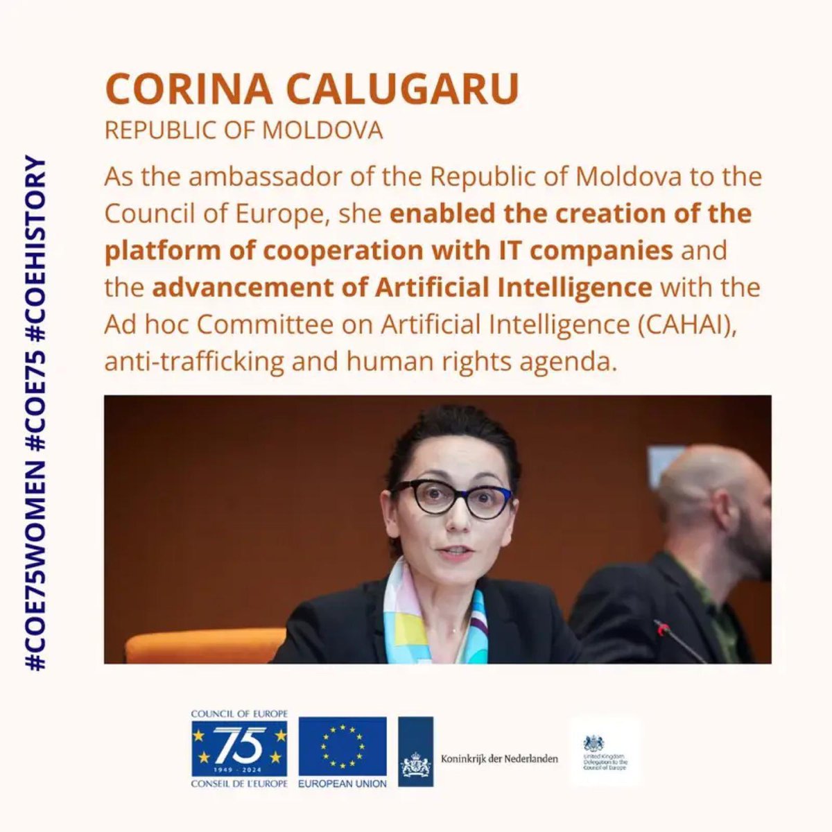 Honored and proud to find myself in the project #Coe75Women and while serving my country in Strasbourg, I was able to contribute to the values and agenda of the @coe #HumanRights #ArtificialInteligence 
Thank you to all my colleagues
@MoldovaMFA @MoldovaCoE @UKDelCoE @EUDELCoE