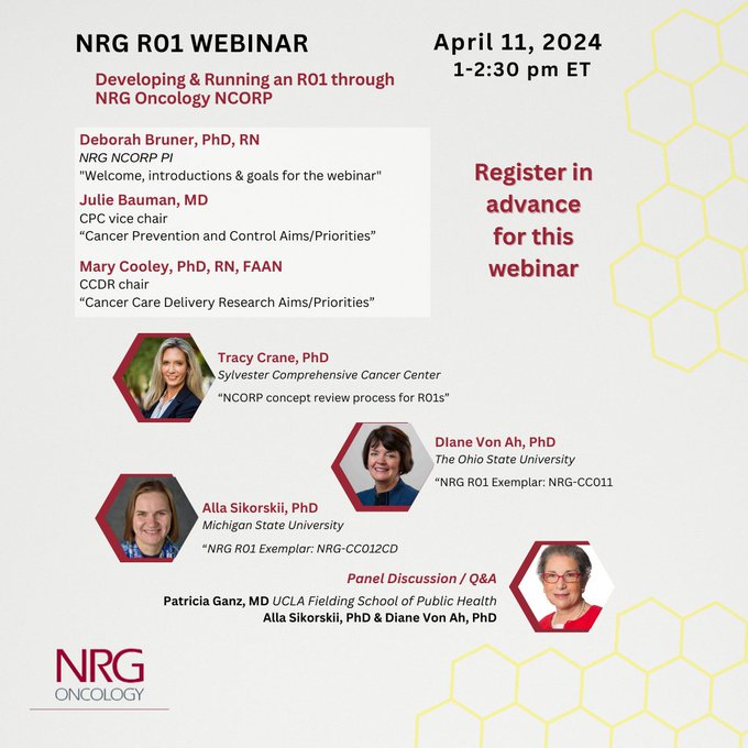 There is still time to register! Developing and Running an R01 Through NRG NCORP on April 11. Participants will learn about the NRG #NCORP concept review process with a specific focus on R01s.  More information and to register ➡️ow.ly/Sclt50R4u4k