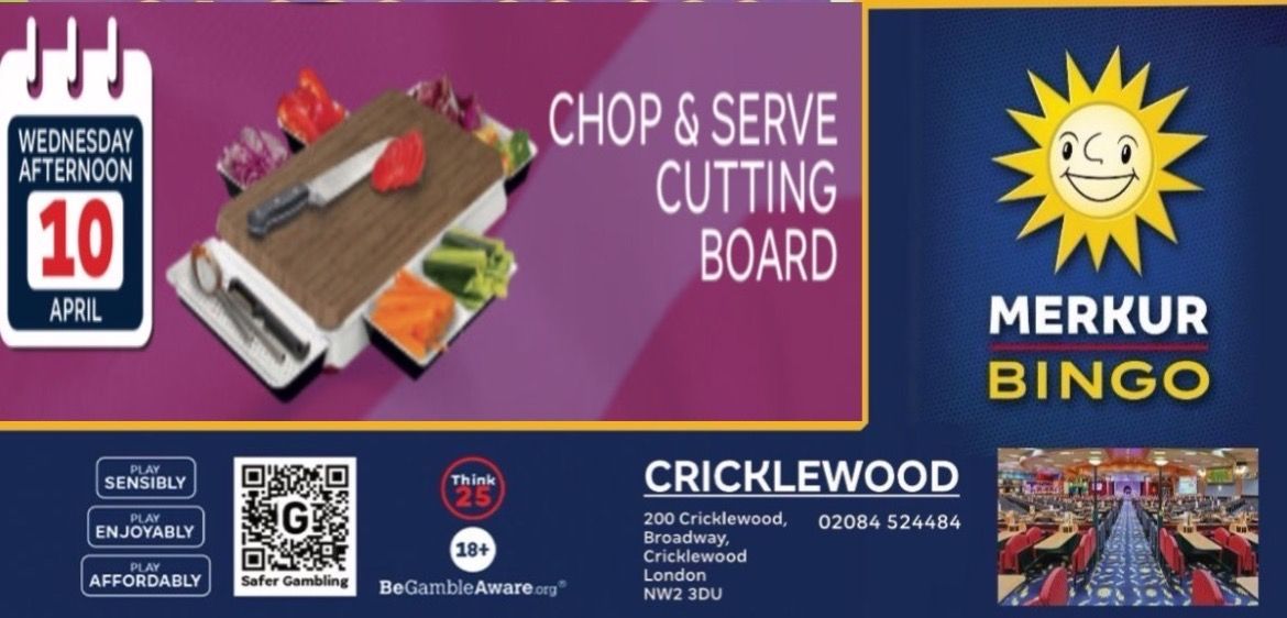 BuzzBingoCRK's tweet photo. Summers not far away and we’ll all be making those salads 🥗 
Here’s a little bit of help with a Free Chop &amp; Serve Cutting Board! Yours tomorrow in our afternoon session 😎

We’ve also got 4 X £1,000 houses!! 

🔞 https://t.co/xSyJG7ZlHt 

#MERKUR #cricklewood #bingo https://t.co/pbnYecgXMY