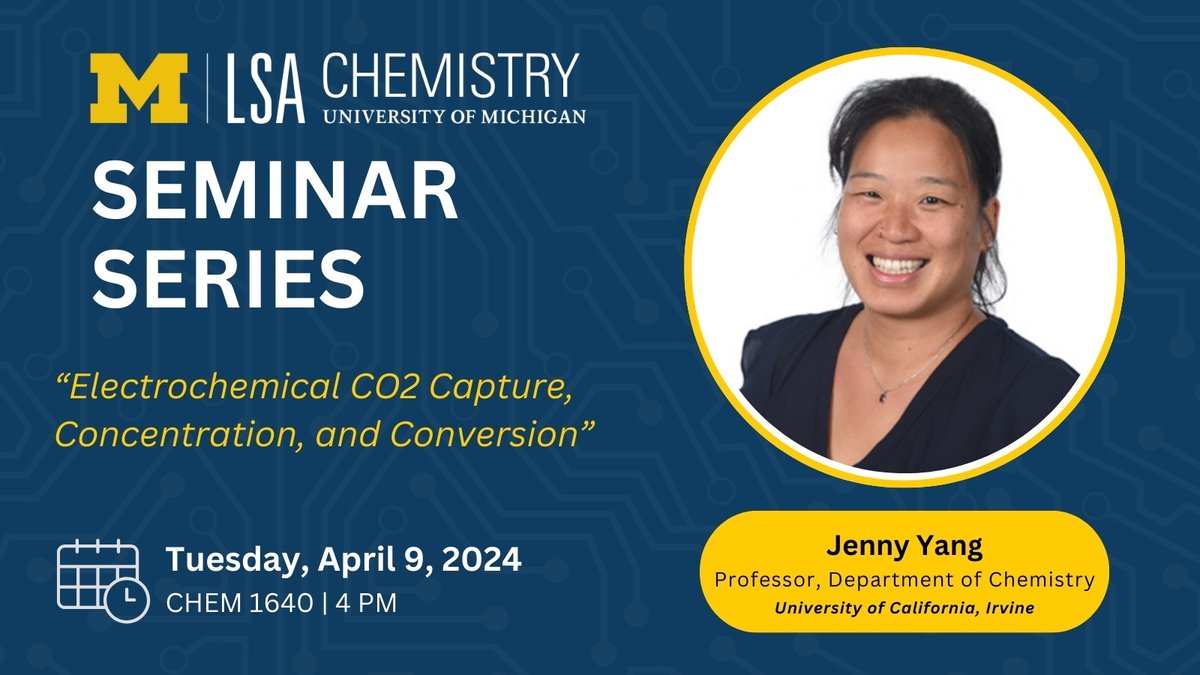 Today's #MichiganChem Seminar Speaker is Jenny Yang from University of California, Irvine. ⏰ When: Today, 4pm 📍 Where: CHEM 1640