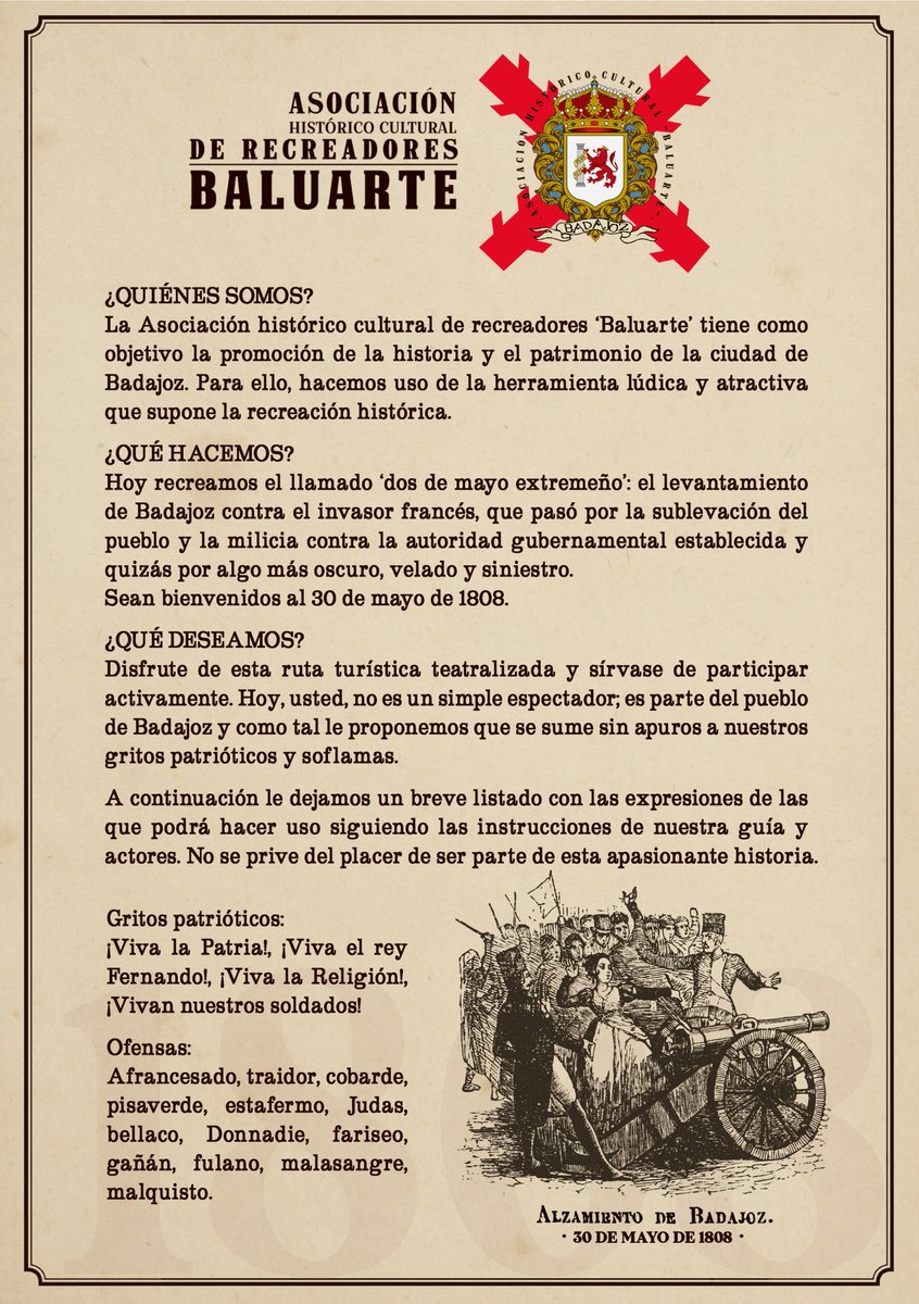 🥁Recreación del levantamiento de Badajoz contra el francés.

Acceso libre y gratuito. Participación del público asistente.

12-13 de abril

🕤Pases: viernes 19:30, sábado 12:30 y 19:30

Desde Catedral a Puerta de Palmas.

Mucho más que testigos. Sé protagonista de la historia.