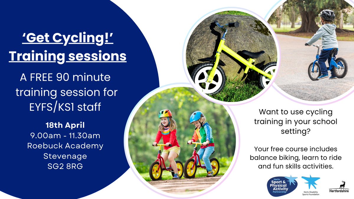 Stevenage KS1 & EYFS staff! 🚴‍ Looking to use cycling training in your school? Join us for FREE 90-minute 'Get Cycling' training in collaboration with @HertsCC & @Herts_DSF. 🏢 Roebuck Academy 📆 18th of April ⏲ 9-11:30am Find out more here: bit.ly/HSP24STGC