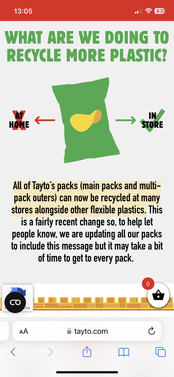 @MrTaytoIreland am I right in saying that you’re boasting about reducing your packaging by 27%…and yet we can’t actually recycle your packaging at home? So we’d need to presumably wash it, dry it, and then find one of the ‘many stores’ & travel there to recycle?