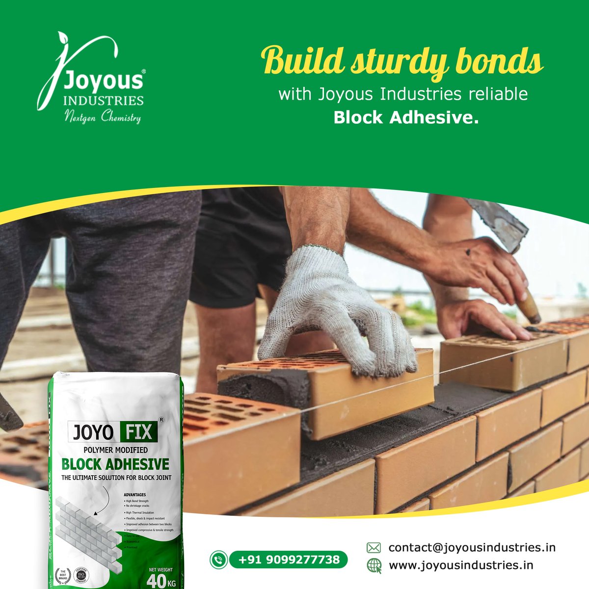 Create solid and dependable structures with Joyous Industries' trusted Block Adhesive. Our premium adhesive ensures sturdy bonds between blocks, providing stability and durability for your construction projects. 

#JoyousIndustries #Joyous #BlockAdhesive #SturdyBonds