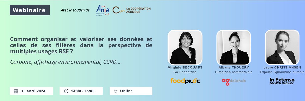 📅 Mardi 16 avril, à 14h, retour du #webinaire sur les données et la #RSE, avec @FoodPilot_FR & @inextensofr 👉Inscription : tinyurl.com/54uzuhkw 💪 Pour savoir comment organiser et valoriser vos données et celles de vos filières dans la perspective de multiples usages RSE