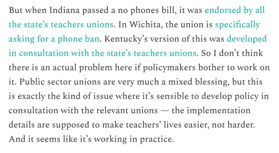 I’ve been a little surprised that Democrats haven’t engaged more with the phones-in-schools issue. Thought there might be some kind of union hangup, but teachers seem to support action here. slowboring.com/p/smartphones-…